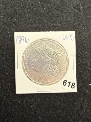 1896 UNC Morgan Silver Dollar Coin: KEY WORDS: INDIAN ARTIFACT ARTIFACTS ARROWHEAD ARROWHEADS NATIVE AMERICAN MISSISSIPPIAN QUAPAW CADDO POTTERY COINS MORGAN DOLLAR PEACE DOLLAR SILVER COINS. All coins have been Sigma tested for authent