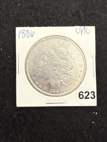 1886 UNC Morgan Silver Dollar Coin: KEY WORDS: INDIAN ARTIFACT ARTIFACTS ARROWHEAD ARROWHEADS NATIVE AMERICAN MISSISSIPPIAN QUAPAW CADDO POTTERY COINS MORGAN DOLLAR PEACE DOLLAR SILVER COINS. All coins have been Sigma tested for authent