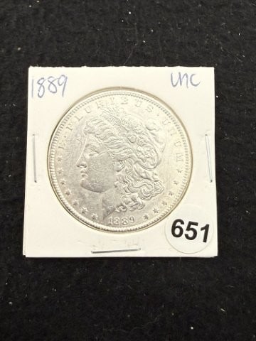 1889 UNC Morgan Silver Dollar Coin: KEY WORDS: INDIAN ARTIFACT ARTIFACTS ARROWHEAD ARROWHEADS NATIVE AMERICAN MISSISSIPPIAN QUAPAW CADDO POTTERY COINS MORGAN DOLLAR PEACE DOLLAR SILVER COINS. All coins have been Sigma tested for authent