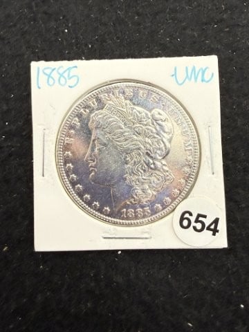 1885 UNC Morgan Silver Dollar Coin: KEY WORDS: INDIAN ARTIFACT ARTIFACTS ARROWHEAD ARROWHEADS NATIVE AMERICAN MISSISSIPPIAN QUAPAW CADDO POTTERY COINS MORGAN DOLLAR PEACE DOLLAR SILVER COINS. All coins have been Sigma tested for authent