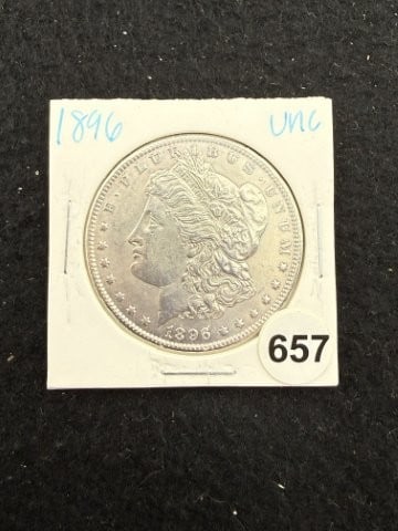 1896 UNC Morgan Silver Dollar Coin: KEY WORDS: INDIAN ARTIFACT ARTIFACTS ARROWHEAD ARROWHEADS NATIVE AMERICAN MISSISSIPPIAN QUAPAW CADDO POTTERY COINS MORGAN DOLLAR PEACE DOLLAR SILVER COINS. All coins have been Sigma tested for authent