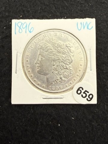 1896 UNC Morgan Silver Dollar Coin: KEY WORDS: INDIAN ARTIFACT ARTIFACTS ARROWHEAD ARROWHEADS NATIVE AMERICAN MISSISSIPPIAN QUAPAW CADDO POTTERY COINS MORGAN DOLLAR PEACE DOLLAR SILVER COINS. All coins have been Sigma tested for authent