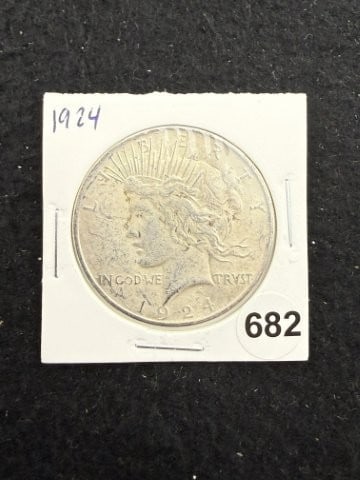 1924 Peace Silver Dollar Coin: KEY WORDS: INDIAN ARTIFACT ARTIFACTS ARROWHEAD ARROWHEADS NATIVE AMERICAN MISSISSIPPIAN QUAPAW CADDO POTTERY COINS MORGAN DOLLAR PEACE DOLLAR SILVER COINS. All coins have been Sigma tested for