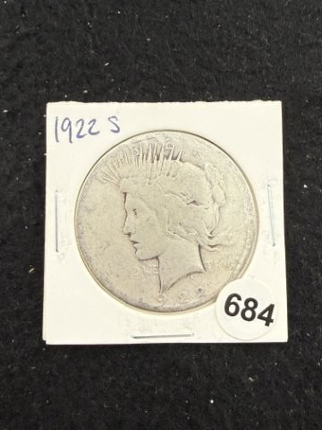 1922 S Peace Silver Dollar Coin: KEY WORDS: INDIAN ARTIFACT ARTIFACTS ARROWHEAD ARROWHEADS NATIVE AMERICAN MISSISSIPPIAN QUAPAW CADDO POTTERY COINS MORGAN DOLLAR PEACE DOLLAR SILVER COINS. All coins have been Sigma tested for