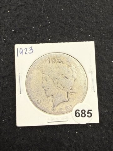 1923 Peace Silver Dollar Coin: KEY WORDS: INDIAN ARTIFACT ARTIFACTS ARROWHEAD ARROWHEADS NATIVE AMERICAN MISSISSIPPIAN QUAPAW CADDO POTTERY COINS MORGAN DOLLAR PEACE DOLLAR SILVER COINS. All coins have been Sigma tested for