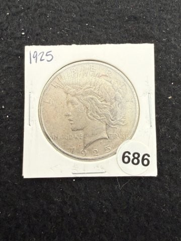 1925 Peace Silver Dollar Coin: KEY WORDS: INDIAN ARTIFACT ARTIFACTS ARROWHEAD ARROWHEADS NATIVE AMERICAN MISSISSIPPIAN QUAPAW CADDO POTTERY COINS MORGAN DOLLAR PEACE DOLLAR SILVER COINS. All coins have been Sigma tested for