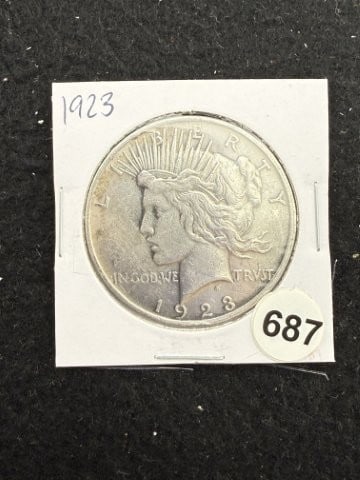 1923 Peace Silver Dollar Coin: KEY WORDS: INDIAN ARTIFACT ARTIFACTS ARROWHEAD ARROWHEADS NATIVE AMERICAN MISSISSIPPIAN QUAPAW CADDO POTTERY COINS MORGAN DOLLAR PEACE DOLLAR SILVER COINS. All coins have been Sigma tested for