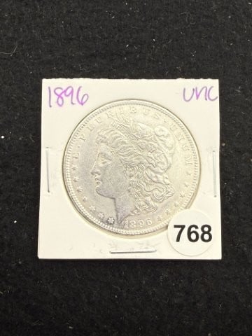 1896 UNC Morgan Silver Dollar Coin: KEY WORDS: INDIAN ARTIFACT ARTIFACTS ARROWHEAD ARROWHEADS NATIVE AMERICAN MISSISSIPPIAN QUAPAW CADDO POTTERY COINS MORGAN DOLLAR PEACE DOLLAR SILVER COINS. All coins have been Sigma tested for authent