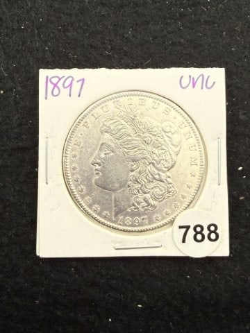 1897 UNC Morgan Silver Dollar Coin: KEY WORDS: INDIAN ARTIFACT ARTIFACTS ARROWHEAD ARROWHEADS NATIVE AMERICAN MISSISSIPPIAN QUAPAW CADDO POTTERY COINS MORGAN DOLLAR PEACE DOLLAR SILVER COINS. All coins have been Sigma tested for authent