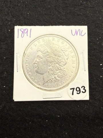 1891 UNC Morgan Silver Dollar Coin: KEY WORDS: INDIAN ARTIFACT ARTIFACTS ARROWHEAD ARROWHEADS NATIVE AMERICAN MISSISSIPPIAN QUAPAW CADDO POTTERY COINS MORGAN DOLLAR PEACE DOLLAR SILVER COINS. All coins have been Sigma tested for authent