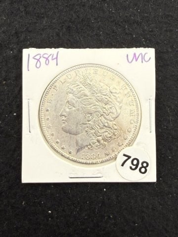 1884 UNC Morgan Silver Dollar Coin: KEY WORDS: INDIAN ARTIFACT ARTIFACTS ARROWHEAD ARROWHEADS NATIVE AMERICAN MISSISSIPPIAN QUAPAW CADDO POTTERY COINS MORGAN DOLLAR PEACE DOLLAR SILVER COINS. All coins have been Sigma tested for authent