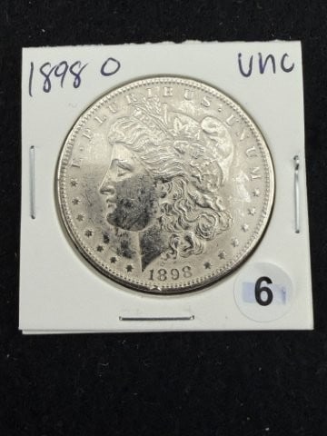 1898 O UNC Morgan Silver Dollar Coin: KEY WORDS: INDIAN ARTIFACT ARTIFACTS ARROWHEAD ARROWHEADS NATIVE AMERICAN MISSISSIPPIAN QUAPAW CADDO POTTERY COINS MORGAN DOLLAR PEACE DOLLAR SILVER COINS. All coins have been Sigma tested for authent