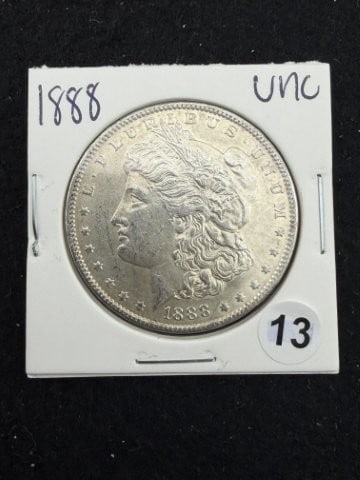 1888 UNC Morgan Silver Dollar Coin: KEY WORDS: INDIAN ARTIFACT ARTIFACTS ARROWHEAD ARROWHEADS NATIVE AMERICAN MISSISSIPPIAN QUAPAW CADDO POTTERY COINS MORGAN DOLLAR PEACE DOLLAR SILVER COINS. All coins have been Sigma tested for authent
