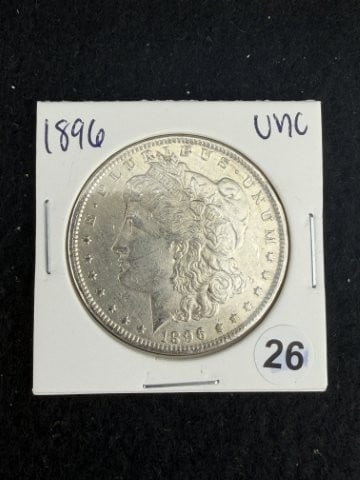 1896 UNC Morgan Silver Dollar Coin: KEY WORDS: INDIAN ARTIFACT ARTIFACTS ARROWHEAD ARROWHEADS NATIVE AMERICAN MISSISSIPPIAN QUAPAW CADDO POTTERY COINS MORGAN DOLLAR PEACE DOLLAR SILVER COINS. All coins have been Sigma tested for authent