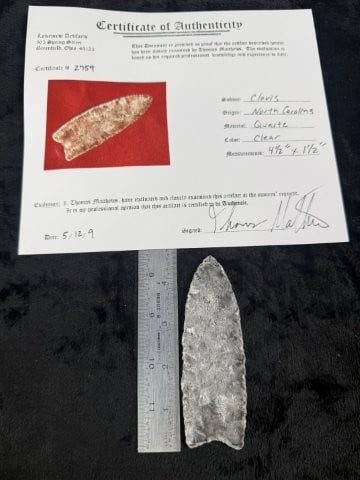 Clovis with Thomas Mathews COA from North Carolina Indian Artifact Arrowhead: KEY WORDS: INDIAN ARTIFACT ARTIFACTS ARROWHEAD ARROWHEADS NATIVE AMERICAN MISSISSIPPIAN QUAPAW CADDO POTTERY COINS MORGAN DOLLAR PEACE DOLLAR SILVER COINS. All coins have been Sigma tested for