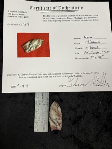 Folsom with Thomas Mathews COA from Oklahoma Indian Artifact Arrowhead: KEY WORDS: INDIAN ARTIFACT ARTIFACTS ARROWHEAD ARROWHEADS NATIVE AMERICAN MISSISSIPPIAN QUAPAW CADDO POTTERY COINS MORGAN DOLLAR PEACE DOLLAR SILVER COINS. All coins have been Sigma tested for