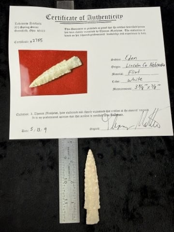 Eden with Thomas Mathews COA from Lincoln County, Nebraska Indian Artifact Arrowhead: KEY WORDS: INDIAN ARTIFACT ARTIFACTS ARROWHEAD ARROWHEADS NATIVE AMERICAN MISSISSIPPIAN QUAPAW CADDO POTTERY COINS MORGAN DOLLAR PEACE DOLLAR SILVER COINS. All coins have been Sigma tested for authent