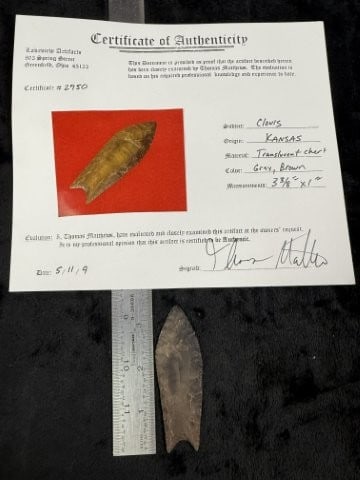 Clovis with Thomas Mathews COA from Kansas Indian Artifact Arrowhead: KEY WORDS: INDIAN ARTIFACT ARTIFACTS ARROWHEAD ARROWHEADS NATIVE AMERICAN MISSISSIPPIAN QUAPAW CADDO POTTERY COINS MORGAN DOLLAR PEACE DOLLAR SILVER COINS. All coins have been Sigma tested for authent
