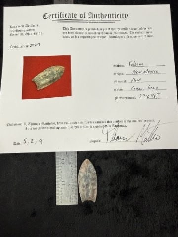 Folsom with Thomas Mathews COA from New Mexico Indian Artifact Arrowhead: KEY WORDS: INDIAN ARTIFACT ARTIFACTS ARROWHEAD ARROWHEADS NATIVE AMERICAN MISSISSIPPIAN QUAPAW CADDO POTTERY COINS MORGAN DOLLAR PEACE DOLLAR SILVER COINS. All coins have been Sigma tested for authent