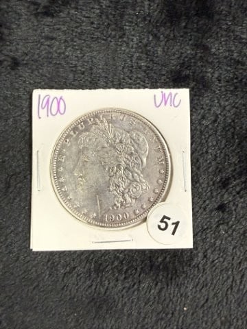1900 UNC Morgan Silver Dollar Coin: KEY WORDS: INDIAN ARTIFACT ARTIFACTS ARROWHEAD ARROWHEADS NATIVE AMERICAN MISSISSIPPIAN QUAPAW CADDO POTTERY COINS MORGAN DOLLAR PEACE DOLLAR SILVER COINS. All coins have been Sigma tested for authent
