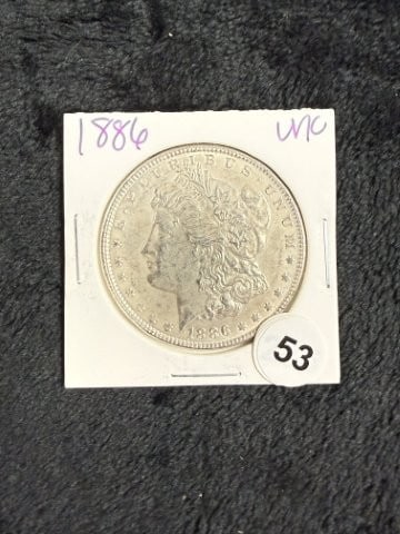 1886 UNC Morgan Silver Dollar Coin: KEY WORDS: INDIAN ARTIFACT ARTIFACTS ARROWHEAD ARROWHEADS NATIVE AMERICAN MISSISSIPPIAN QUAPAW CADDO POTTERY COINS MORGAN DOLLAR PEACE DOLLAR SILVER COINS. All coins have been Sigma tested for authent