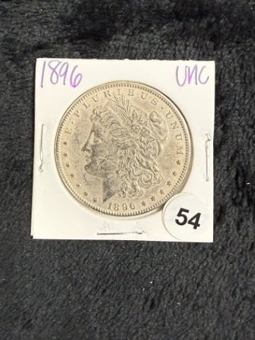 1896 UNC Morgan Silver Dollar Coin: KEY WORDS: INDIAN ARTIFACT ARTIFACTS ARROWHEAD ARROWHEADS NATIVE AMERICAN MISSISSIPPIAN QUAPAW CADDO POTTERY COINS MORGAN DOLLAR PEACE DOLLAR SILVER COINS. All coins have been Sigma tested for authent