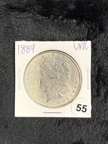 1889 UNC Morgan Silver Dollar Coin: KEY WORDS: INDIAN ARTIFACT ARTIFACTS ARROWHEAD ARROWHEADS NATIVE AMERICAN MISSISSIPPIAN QUAPAW CADDO POTTERY COINS MORGAN DOLLAR PEACE DOLLAR SILVER COINS. All coins have been Sigma tested for authent
