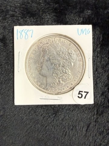1887 UNC Morgan Silver Dollar Coin: KEY WORDS: INDIAN ARTIFACT ARTIFACTS ARROWHEAD ARROWHEADS NATIVE AMERICAN MISSISSIPPIAN QUAPAW CADDO POTTERY COINS MORGAN DOLLAR PEACE DOLLAR SILVER COINS. All coins have been Sigma tested for authent