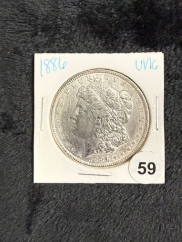 1886 UNC Morgan Silver Dollar Coin: KEY WORDS: INDIAN ARTIFACT ARTIFACTS ARROWHEAD ARROWHEADS NATIVE AMERICAN MISSISSIPPIAN QUAPAW CADDO POTTERY COINS MORGAN DOLLAR PEACE DOLLAR SILVER COINS. All coins have been Sigma tested for authent