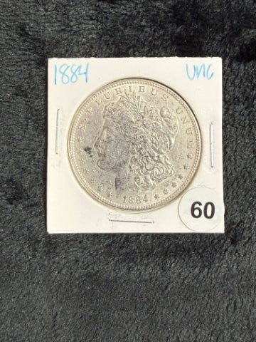 1884 UNC Morgan Silver Dollar Coin: KEY WORDS: INDIAN ARTIFACT ARTIFACTS ARROWHEAD ARROWHEADS NATIVE AMERICAN MISSISSIPPIAN QUAPAW CADDO POTTERY COINS MORGAN DOLLAR PEACE DOLLAR SILVER COINS. All coins have been Sigma tested for authent