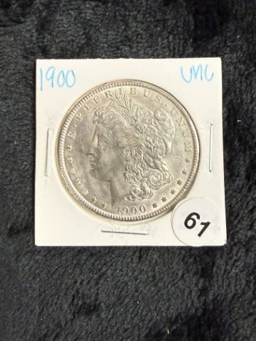 1900 UNC Morgan Silver Dollar Coin: KEY WORDS: INDIAN ARTIFACT ARTIFACTS ARROWHEAD ARROWHEADS NATIVE AMERICAN MISSISSIPPIAN QUAPAW CADDO POTTERY COINS MORGAN DOLLAR PEACE DOLLAR SILVER COINS. All coins have been Sigma tested for authent