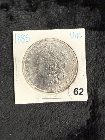 1885 UNC Morgan Silver Dollar Coin: KEY WORDS: INDIAN ARTIFACT ARTIFACTS ARROWHEAD ARROWHEADS NATIVE AMERICAN MISSISSIPPIAN QUAPAW CADDO POTTERY COINS MORGAN DOLLAR PEACE DOLLAR SILVER COINS. All coins have been Sigma tested for authent