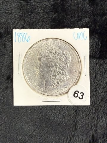 1886 UNC Morgan Silver Dollar Coin: KEY WORDS: INDIAN ARTIFACT ARTIFACTS ARROWHEAD ARROWHEADS NATIVE AMERICAN MISSISSIPPIAN QUAPAW CADDO POTTERY COINS MORGAN DOLLAR PEACE DOLLAR SILVER COINS. All coins have been Sigma tested for authent