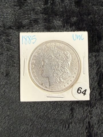 1885 UNC Morgan Silver Dollar Coin: KEY WORDS: INDIAN ARTIFACT ARTIFACTS ARROWHEAD ARROWHEADS NATIVE AMERICAN MISSISSIPPIAN QUAPAW CADDO POTTERY COINS MORGAN DOLLAR PEACE DOLLAR SILVER COINS. All coins have been Sigma tested for authent