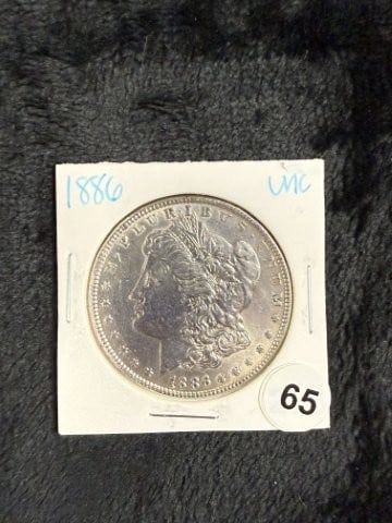 1886 UNC Morgan Silver Dollar Coin: KEY WORDS: INDIAN ARTIFACT ARTIFACTS ARROWHEAD ARROWHEADS NATIVE AMERICAN MISSISSIPPIAN QUAPAW CADDO POTTERY COINS MORGAN DOLLAR PEACE DOLLAR SILVER COINS. All coins have been Sigma tested for authent