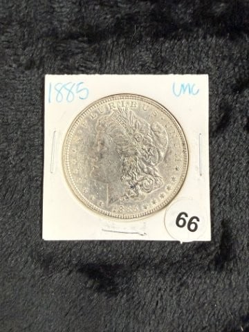1885 UNC Morgan Silver Dollar Coin: KEY WORDS: INDIAN ARTIFACT ARTIFACTS ARROWHEAD ARROWHEADS NATIVE AMERICAN MISSISSIPPIAN QUAPAW CADDO POTTERY COINS MORGAN DOLLAR PEACE DOLLAR SILVER COINS. All coins have been Sigma tested for authent