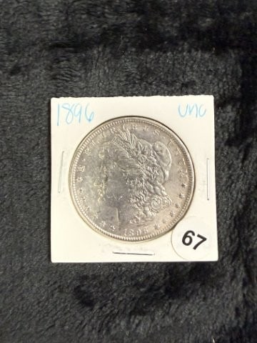 1896 UNC Morgan Silver Dollar Coin: KEY WORDS: INDIAN ARTIFACT ARTIFACTS ARROWHEAD ARROWHEADS NATIVE AMERICAN MISSISSIPPIAN QUAPAW CADDO POTTERY COINS MORGAN DOLLAR PEACE DOLLAR SILVER COINS. All coins have been Sigma tested for authent