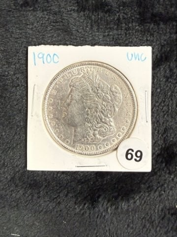 1900 UNC Morgan Silver Dollar Coin: KEY WORDS: INDIAN ARTIFACT ARTIFACTS ARROWHEAD ARROWHEADS NATIVE AMERICAN MISSISSIPPIAN QUAPAW CADDO POTTERY COINS MORGAN DOLLAR PEACE DOLLAR SILVER COINS. All coins have been Sigma tested for authent