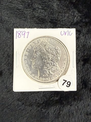1897 UNC Morgan Silver Dollar Coin: KEY WORDS: INDIAN ARTIFACT ARTIFACTS ARROWHEAD ARROWHEADS NATIVE AMERICAN MISSISSIPPIAN QUAPAW CADDO POTTERY COINS MORGAN DOLLAR PEACE DOLLAR SILVER COINS. All coins have been Sigma tested for