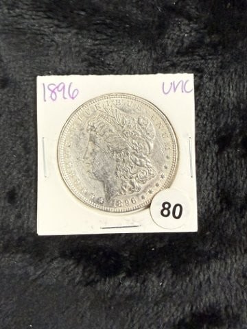 1896 UNC Morgan Silver Dollar Coin: KEY WORDS: INDIAN ARTIFACT ARTIFACTS ARROWHEAD ARROWHEADS NATIVE AMERICAN MISSISSIPPIAN QUAPAW CADDO POTTERY COINS MORGAN DOLLAR PEACE DOLLAR SILVER COINS. All coins have been Sigma tested for authent