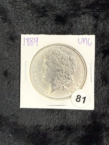 1889 UNC Morgan Silver Dollar Coin: KEY WORDS: INDIAN ARTIFACT ARTIFACTS ARROWHEAD ARROWHEADS NATIVE AMERICAN MISSISSIPPIAN QUAPAW CADDO POTTERY COINS MORGAN DOLLAR PEACE DOLLAR SILVER COINS. All coins have been Sigma tested for
