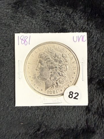 1881 UNC Morgan Silver Dollar Coin: KEY WORDS: INDIAN ARTIFACT ARTIFACTS ARROWHEAD ARROWHEADS NATIVE AMERICAN MISSISSIPPIAN QUAPAW CADDO POTTERY COINS MORGAN DOLLAR PEACE DOLLAR SILVER COINS. All coins have been Sigma tested for