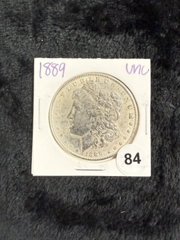 1889 UNC Morgan Silver Dollar Coin: KEY WORDS: INDIAN ARTIFACT ARTIFACTS ARROWHEAD ARROWHEADS NATIVE AMERICAN MISSISSIPPIAN QUAPAW CADDO POTTERY COINS MORGAN DOLLAR PEACE DOLLAR SILVER COINS. All coins have been Sigma tested for