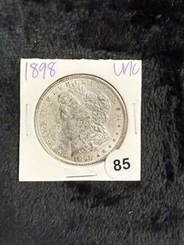 1898 UNC Morgan Silver Dollar Coin: KEY WORDS: INDIAN ARTIFACT ARTIFACTS ARROWHEAD ARROWHEADS NATIVE AMERICAN MISSISSIPPIAN QUAPAW CADDO POTTERY COINS MORGAN DOLLAR PEACE DOLLAR SILVER COINS. All coins have been Sigma tested for authent