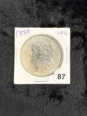 1889 UNC Morgan Silver Dollar Coin: KEY WORDS: INDIAN ARTIFACT ARTIFACTS ARROWHEAD ARROWHEADS NATIVE AMERICAN MISSISSIPPIAN QUAPAW CADDO POTTERY COINS MORGAN DOLLAR PEACE DOLLAR SILVER COINS. All coins have been Sigma tested for authent