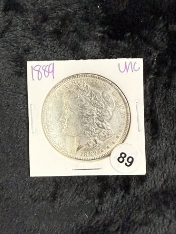 1889 UNC Morgan Silver Dollar Coin: KEY WORDS: INDIAN ARTIFACT ARTIFACTS ARROWHEAD ARROWHEADS NATIVE AMERICAN MISSISSIPPIAN QUAPAW CADDO POTTERY COINS MORGAN DOLLAR PEACE DOLLAR SILVER COINS. All coins have been Sigma tested for