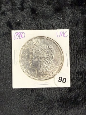 1880 UNC Morgan Silver Dollar Coin: KEY WORDS: INDIAN ARTIFACT ARTIFACTS ARROWHEAD ARROWHEADS NATIVE AMERICAN MISSISSIPPIAN QUAPAW CADDO POTTERY COINS MORGAN DOLLAR PEACE DOLLAR SILVER COINS. All coins have been Sigma tested for authent