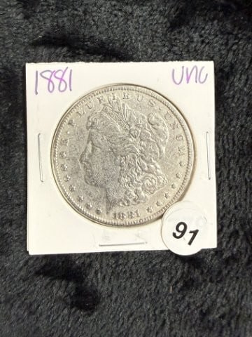 1881 UNC Morgan Silver Dollar Coin: KEY WORDS: INDIAN ARTIFACT ARTIFACTS ARROWHEAD ARROWHEADS NATIVE AMERICAN MISSISSIPPIAN QUAPAW CADDO POTTERY COINS MORGAN DOLLAR PEACE DOLLAR SILVER COINS. All coins have been Sigma tested for