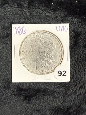 1886 UNC Morgan Silver Dollar Coin: KEY WORDS: INDIAN ARTIFACT ARTIFACTS ARROWHEAD ARROWHEADS NATIVE AMERICAN MISSISSIPPIAN QUAPAW CADDO POTTERY COINS MORGAN DOLLAR PEACE DOLLAR SILVER COINS. All coins have been Sigma tested for