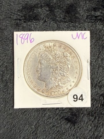 1896 UNC Morgan Silver Dollar Coin: KEY WORDS: INDIAN ARTIFACT ARTIFACTS ARROWHEAD ARROWHEADS NATIVE AMERICAN MISSISSIPPIAN QUAPAW CADDO POTTERY COINS MORGAN DOLLAR PEACE DOLLAR SILVER COINS. All coins have been Sigma tested for